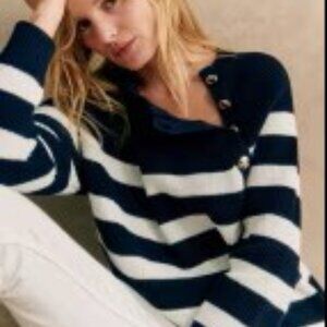 Sezane Gary Pull-Over Cotton Sweater, Navy and Ecru Stripe, Size Small, Like New